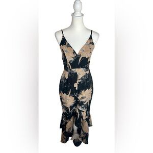 NWT Lulu's Black & Tan Floral V-Neck High Low Maxi Dress Sz M Boho Tropical